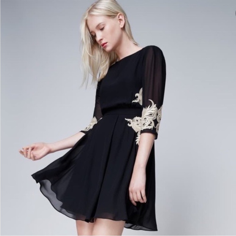 Ted Baker Gaenor Black Lace Appliqué Georgette Flare Dress